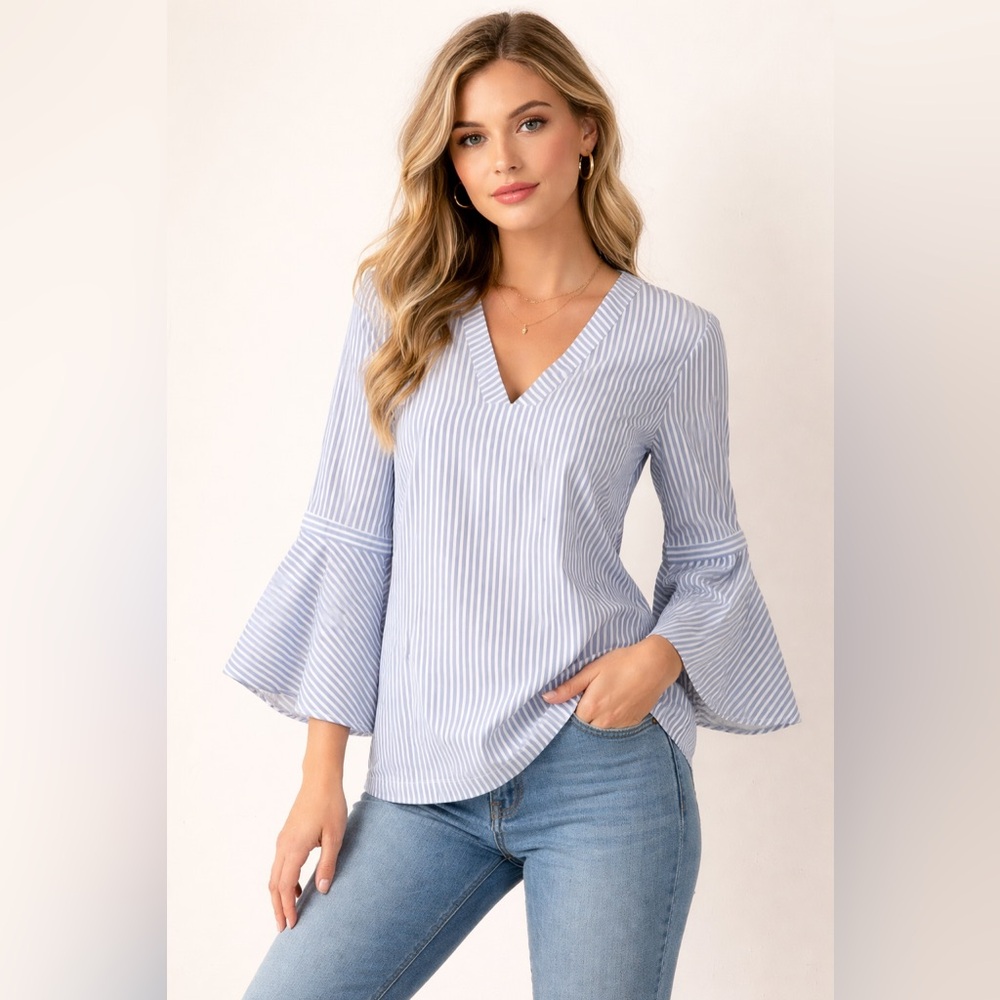 Banana Republic- Blue and White Striped Bell Sleeve Blouse Size S